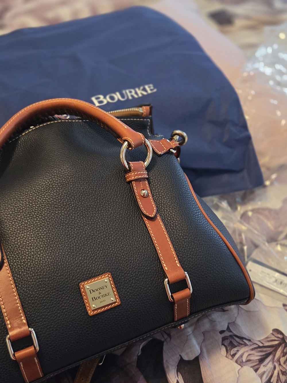 Dooney & Bourke Black Pebbled Leather Shoulder Bag with Brown Trim